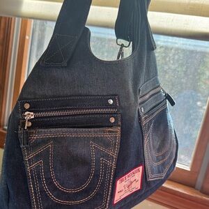 True Religion Denim Duffel with Brown Stitching Detail